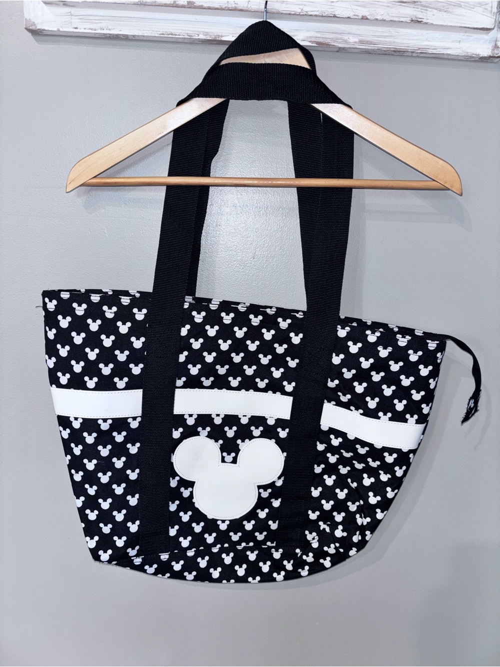 Disney Mickey Mouse Stitched Black and White Canvas Zippered Tote Bag Purse